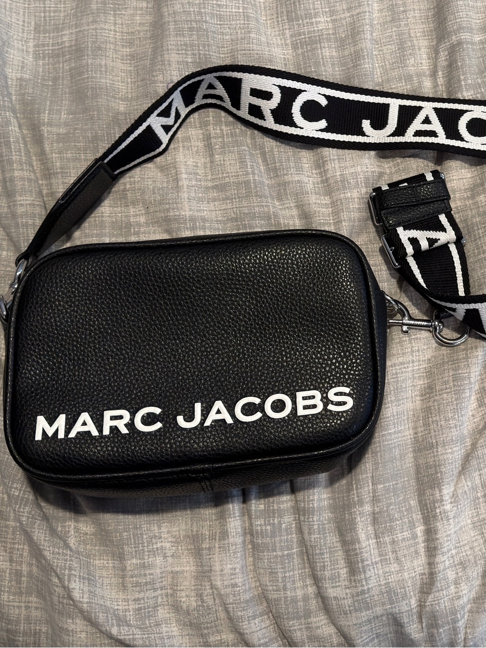 Marc Jacobs Black Pebbled Leather Crossbody with Black-and-White Logo Strap